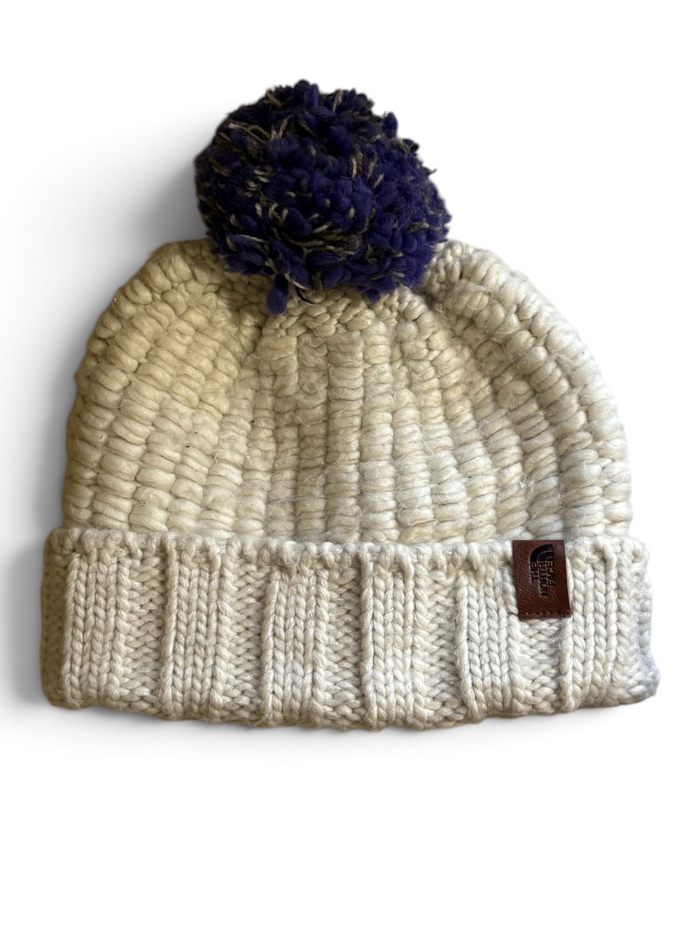 The North Face Cream Knit Pom Beanie with Navy Pom